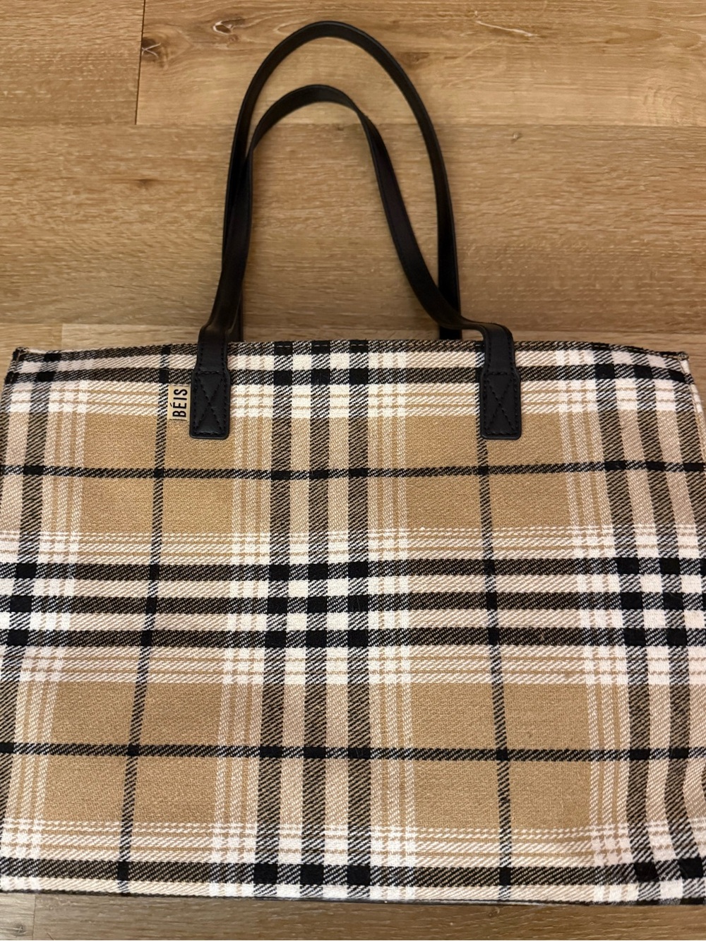Beis Large Work Tote Bag with Black Handles - Beige and Black Plaid